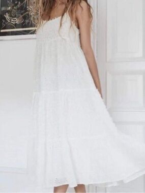 Zara White Textured Eyelet Spaghetti-Strap Dress
